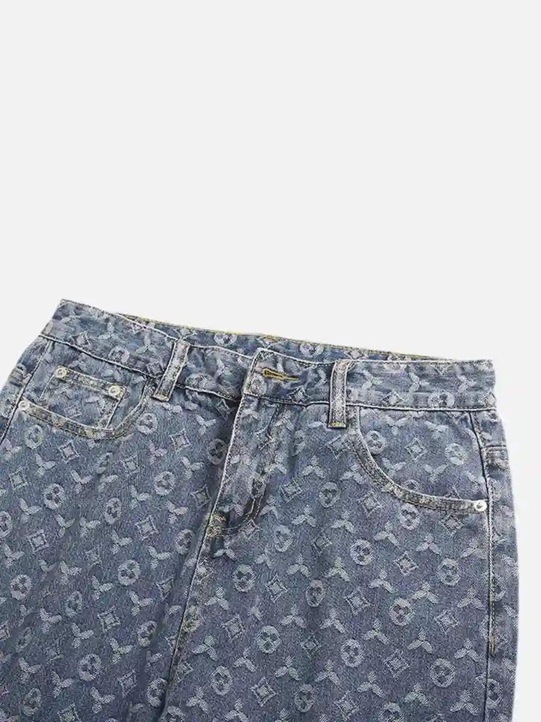Zoomed-in texture of TALISHKO's jacquard baggy denim jeans, highlighting the intricate pattern.