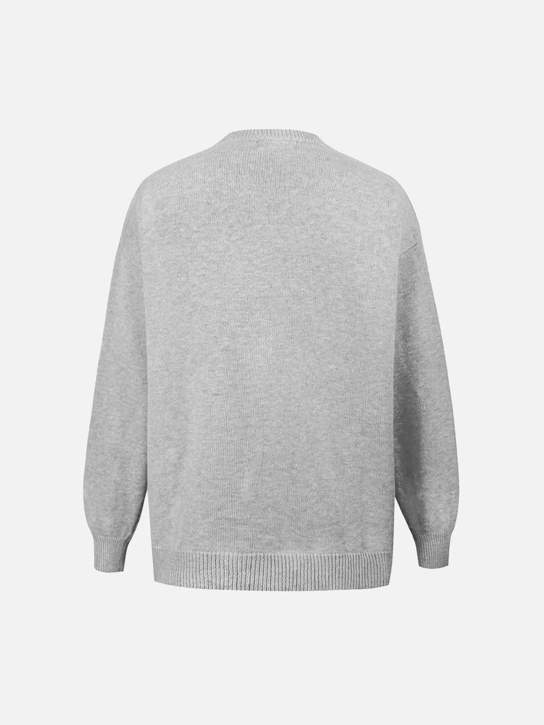 Back view of a gray crewneck sweater by TALISHKO, offering a simple and relaxed fit.
