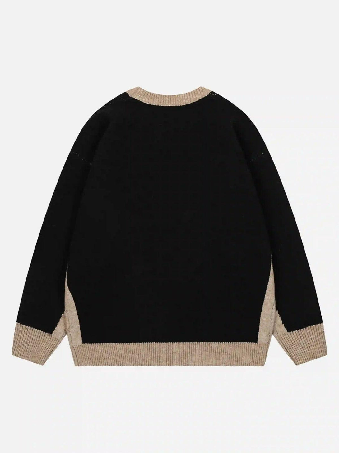 Back view of a TALISHKO jacquard butterfly sweater, featuring contrasting beige and black knit.