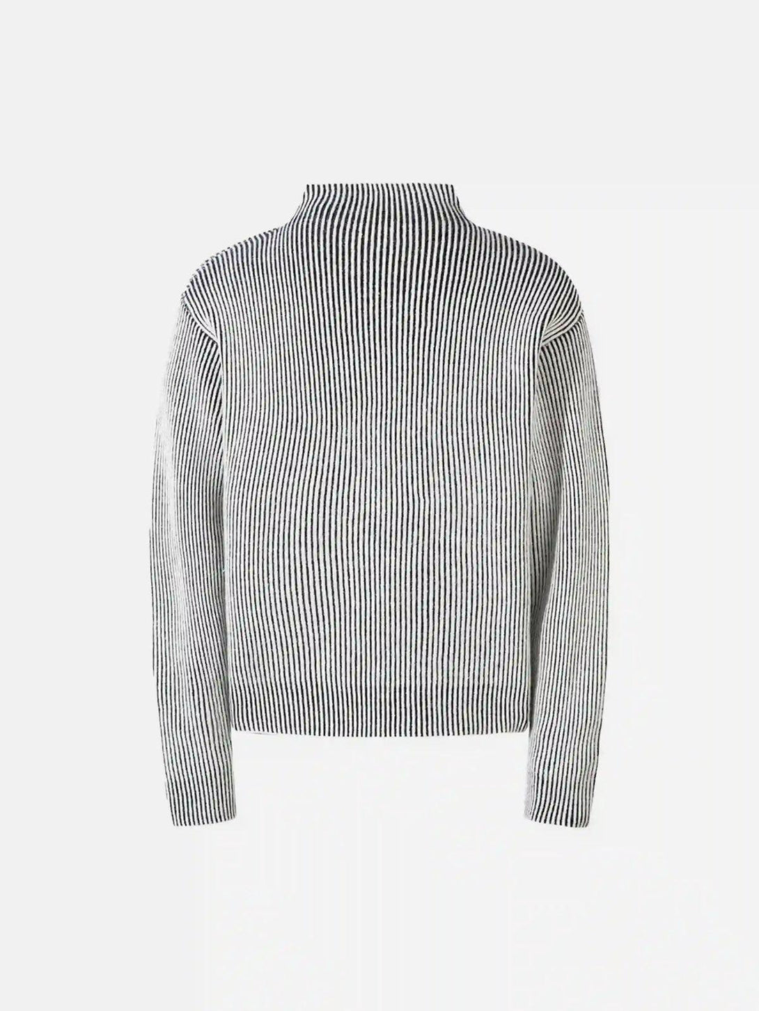 Back view of TALISHKO jacquard half turtleneck sweater, emphasizing its elegant striped pattern.