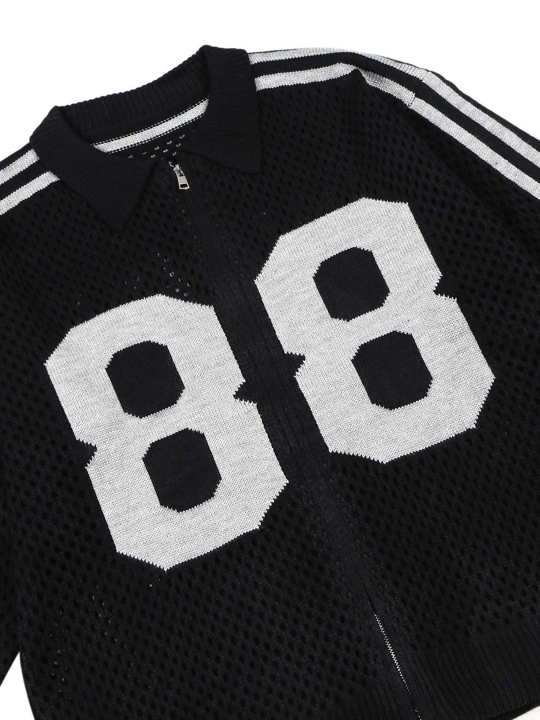 TALISHKO jacquard mesh knit sweater with bold "88" design and striped sleeves, featuring a zipper.
