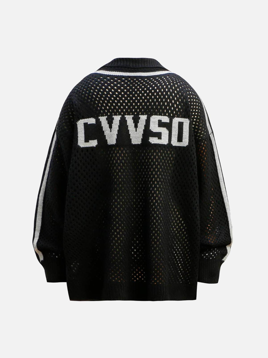 Back view of TALISHKO jacquard mesh knit sweater with "CVVSO" lettering on black fabric.