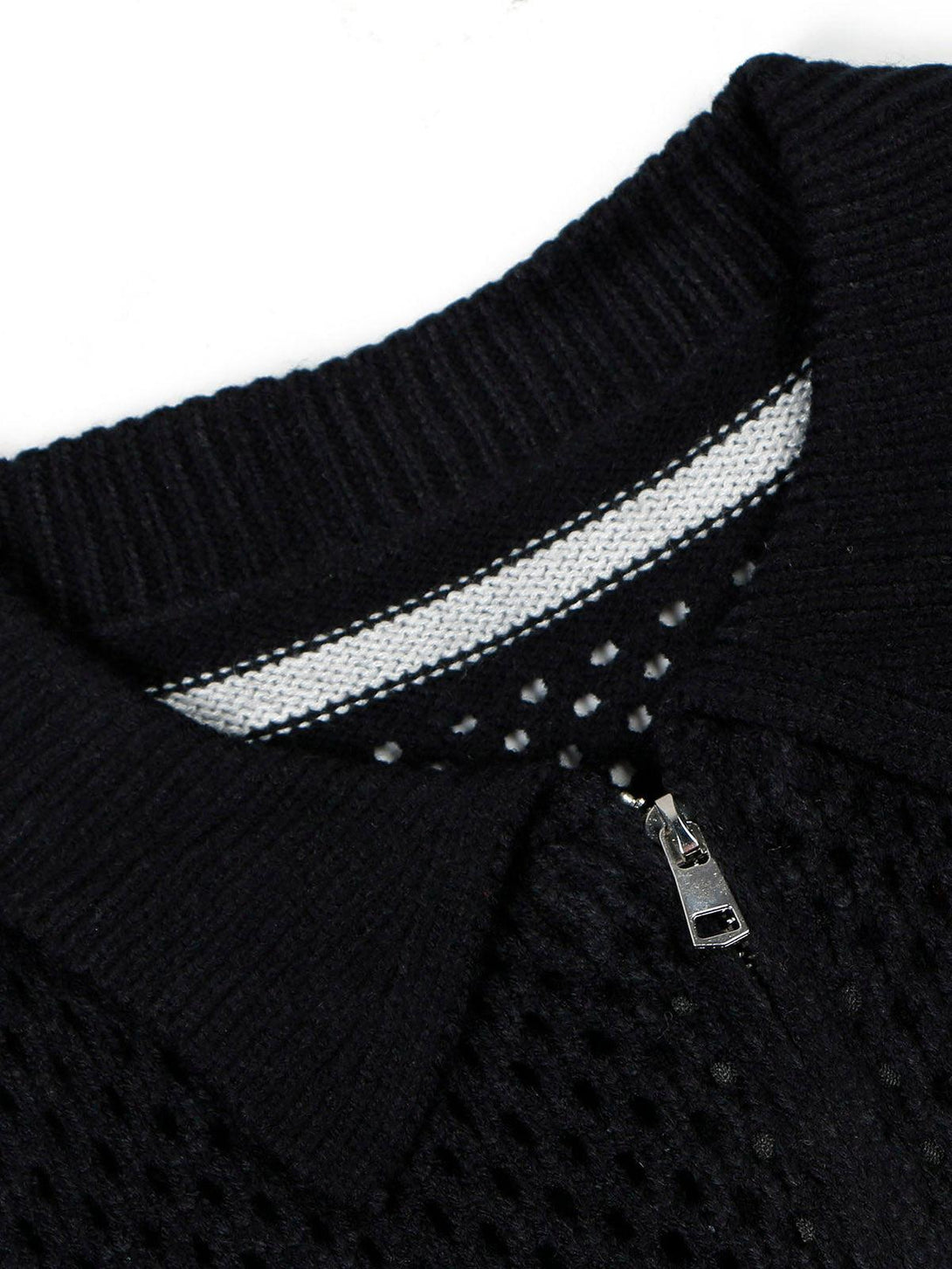 A detailed view of the TALISHKO jacquard mesh knit zipper polo sweater, highlighting its texture.