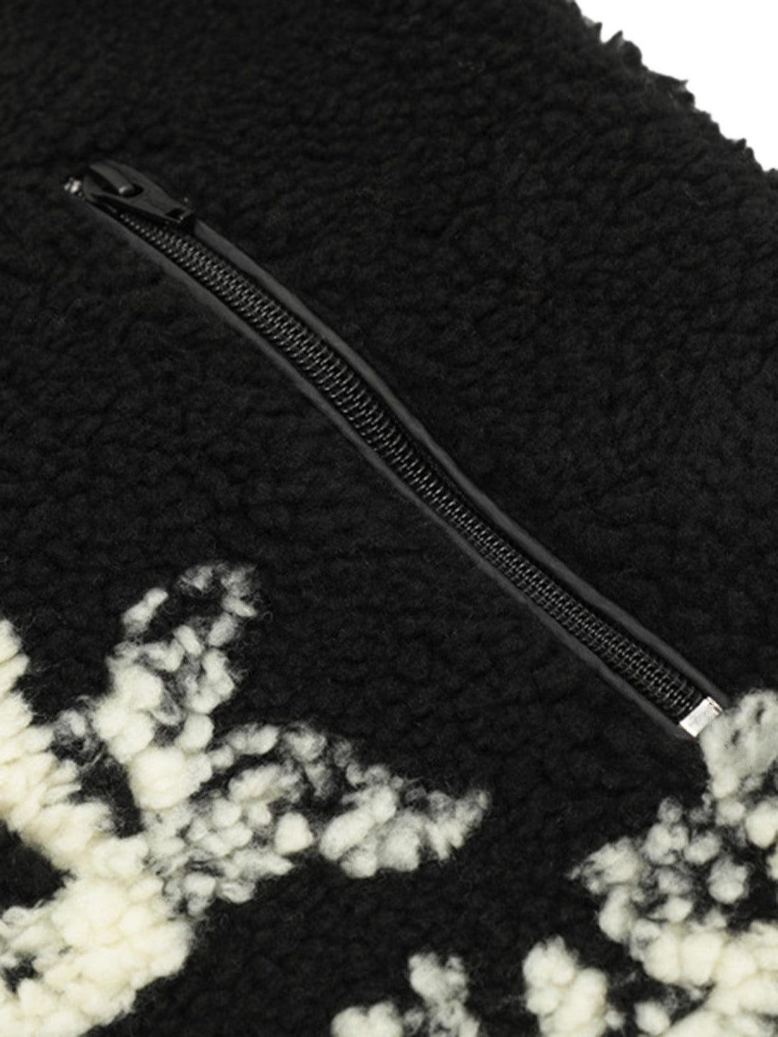 Intricate look at TALISHKO's black sherpa jacket zipper and jacquard texture details.