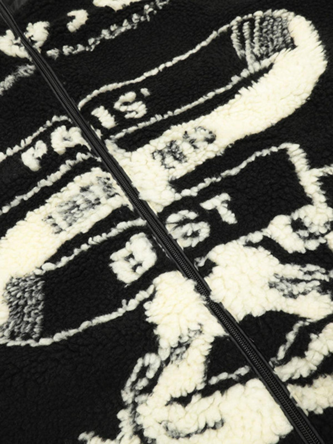 A detailed view of TALISHKO's sherpa jacket, highlighting the bold jacquard pattern and texture.