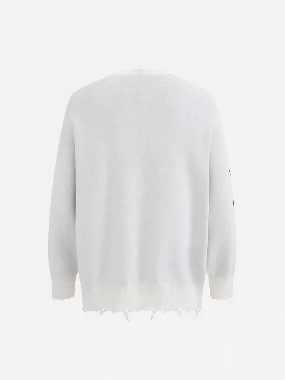 Back view of a white jacquard tassel sweater by TALISHKO, featuring a unique hem design.