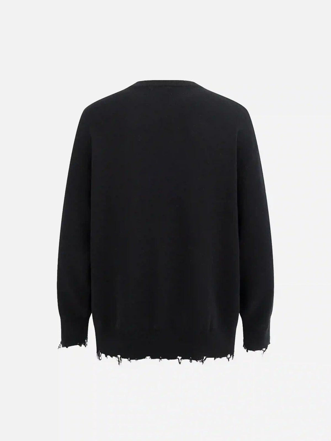 Back view of a black jacquard thorns tassel sweater by TALISHKO, highlighting its unique hem design.