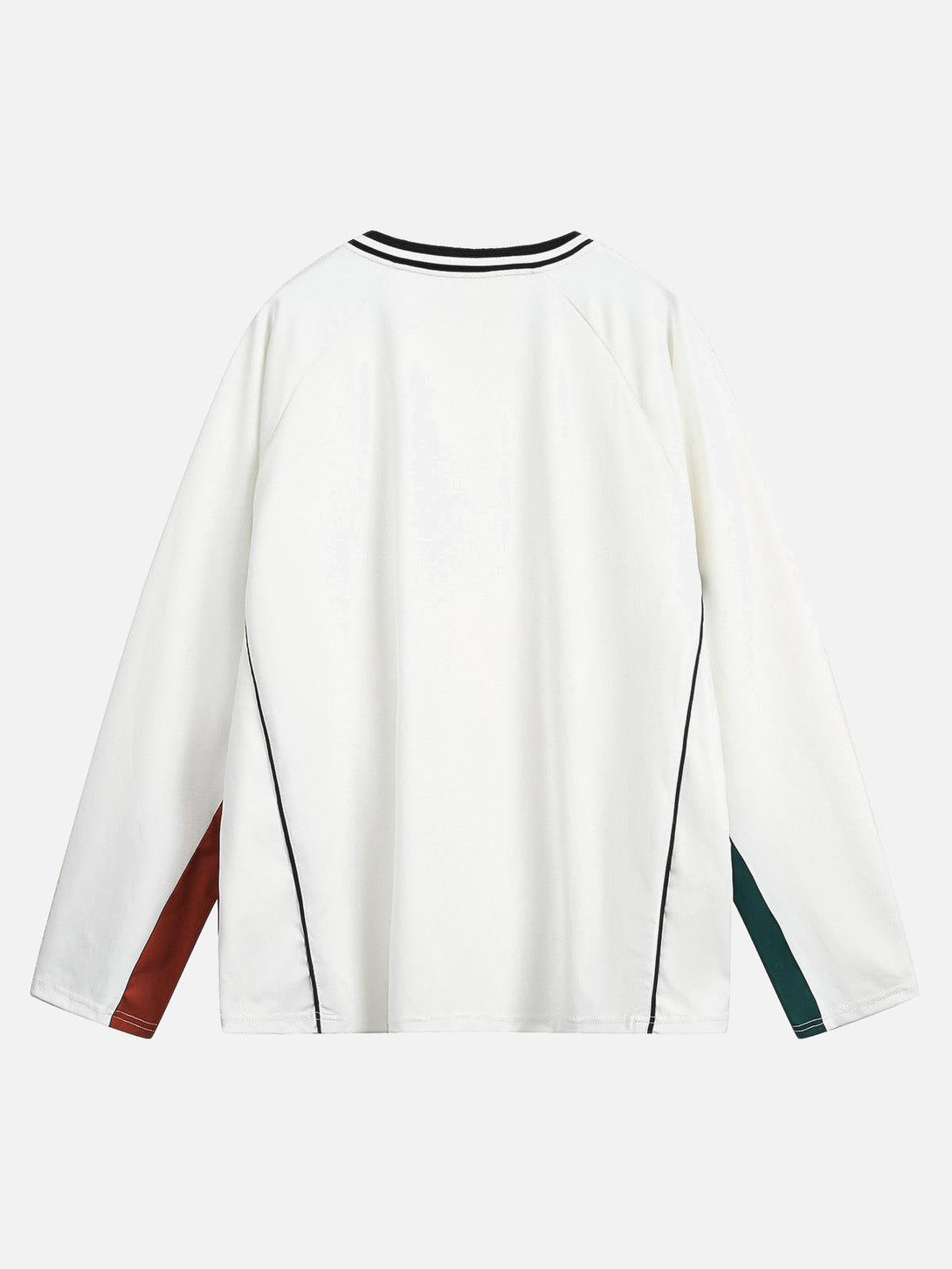 Back view of a white jersey with contrast color sleeves by TALISHKO, ideal for casual style.