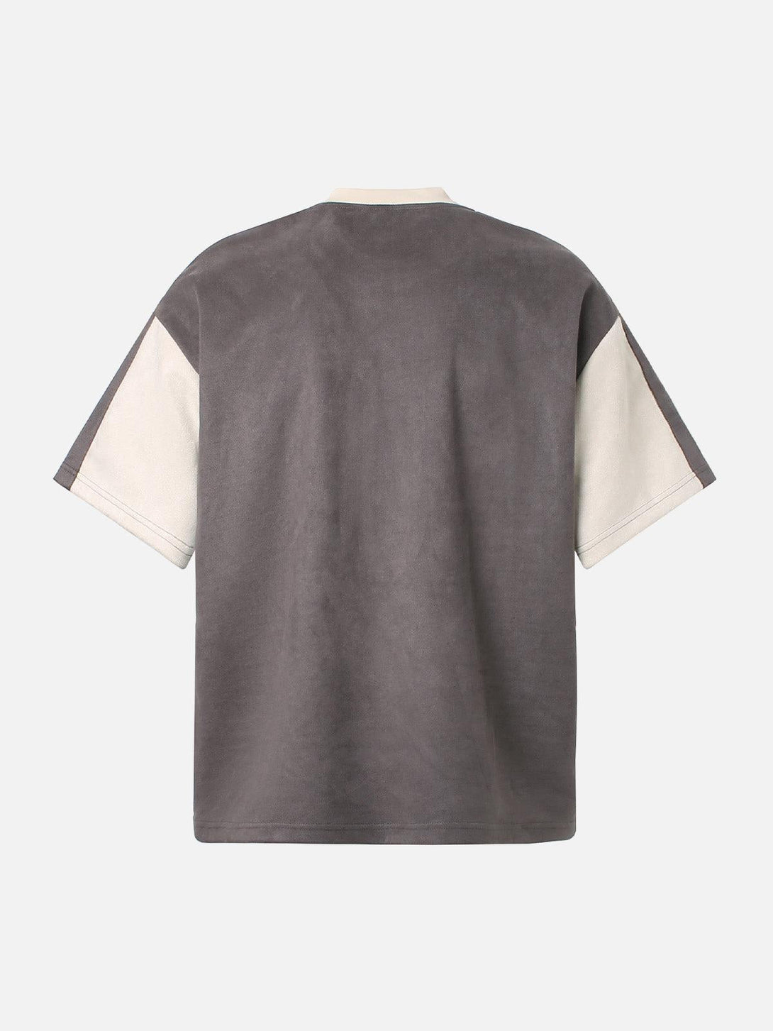 Back view of TALISHKO's deconstructed T-shirt, highlighting contrast color stitching.