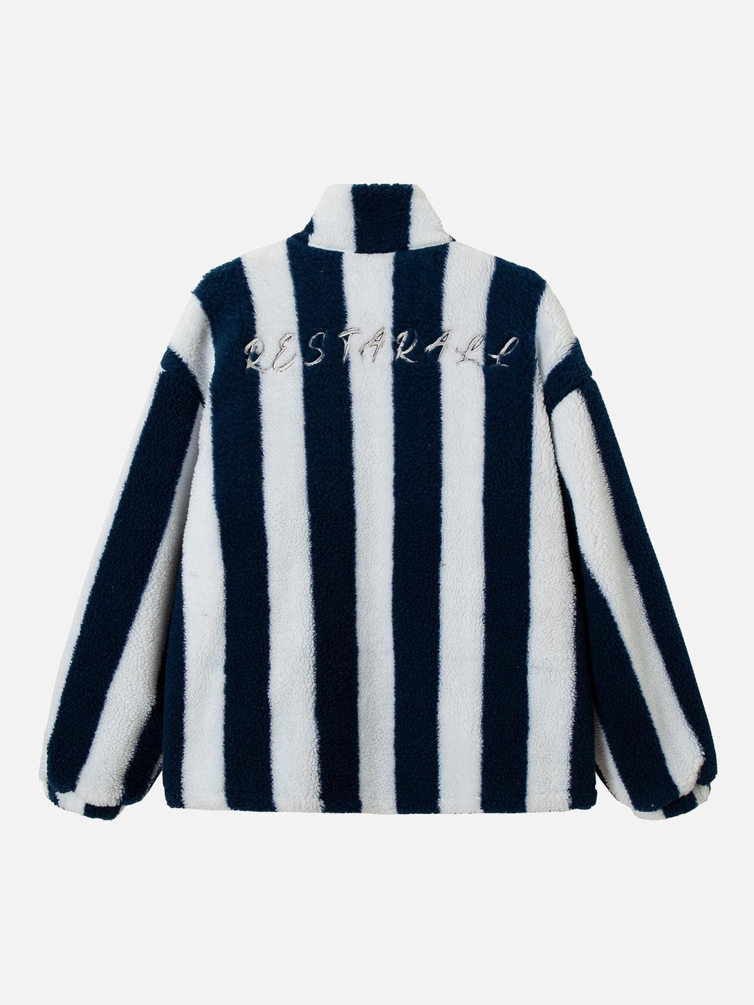 Back view of a striped sherpa jacket with embroidered details, designed by TALISHKO.