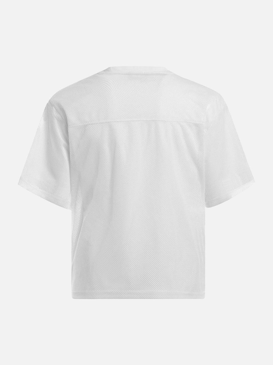 Back view of white mesh jersey by TALISHKO, emphasizing its lightweight, breathable fabric.