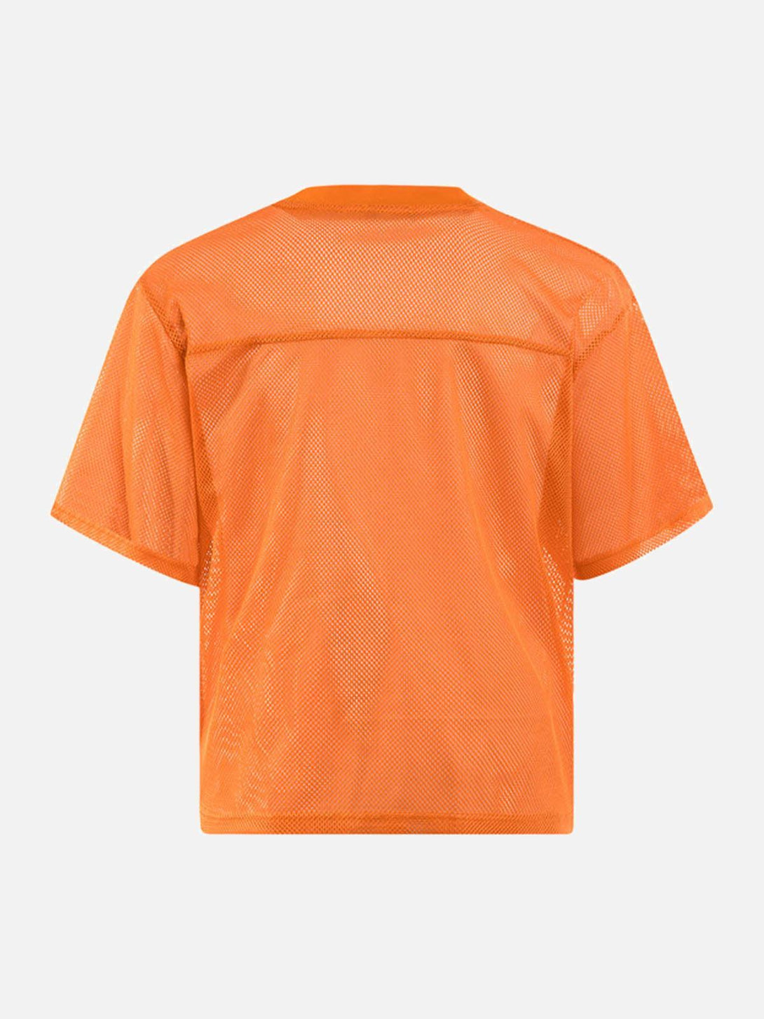 Back view of orange mesh V-neck jersey by TALISHKO, highlighting its lightweight, breathable design.