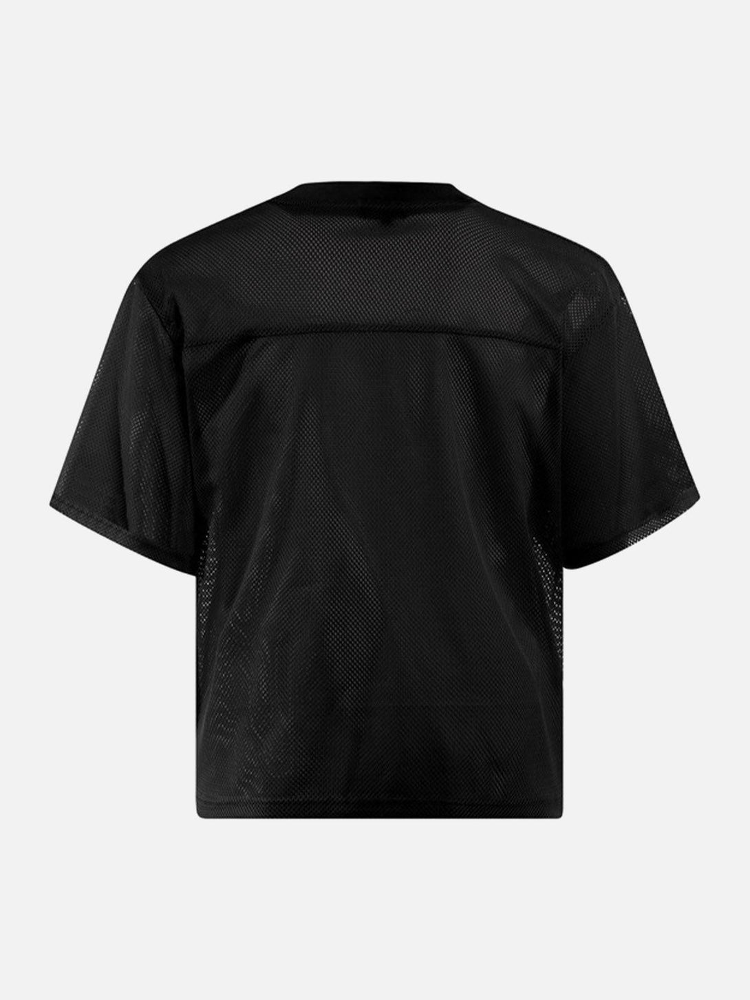 Back view of black mesh jersey by TALISHKO, highlighting its breathable, lightweight design.