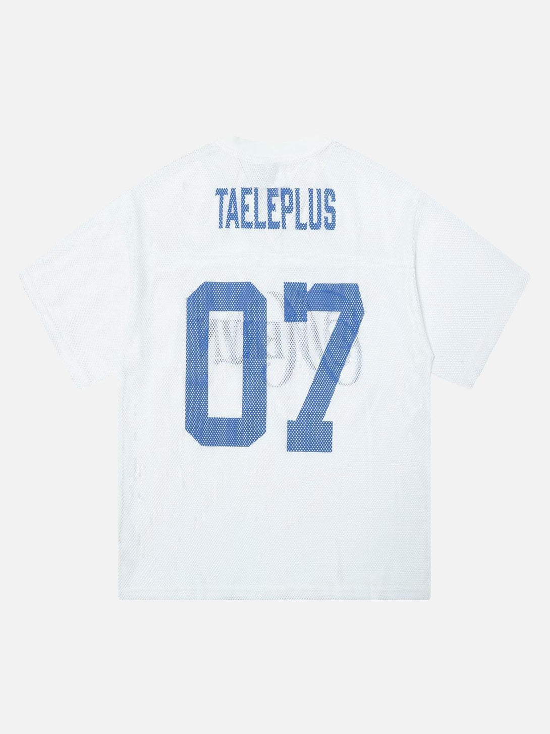 Back view of white mesh jersey with "TAELEPLUS 07" design, a stylish choice by TALISHKO.