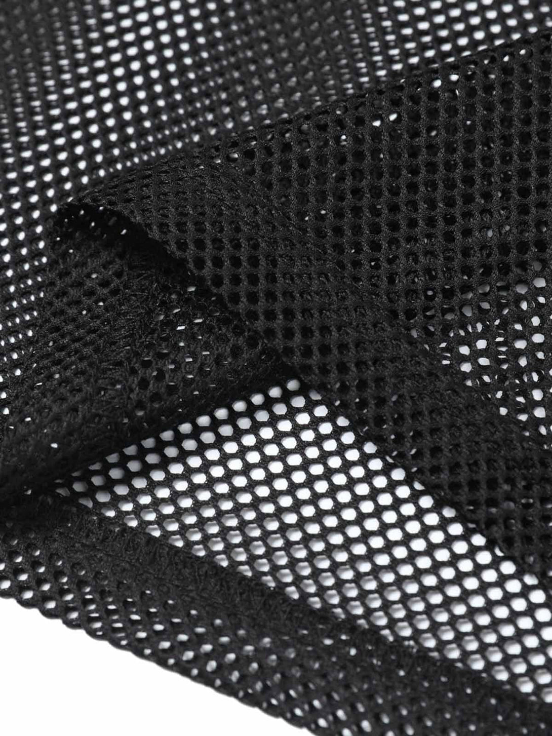 A tight crop highlighting the breathable texture of TALISHKO's black mesh T-shirt fabric.