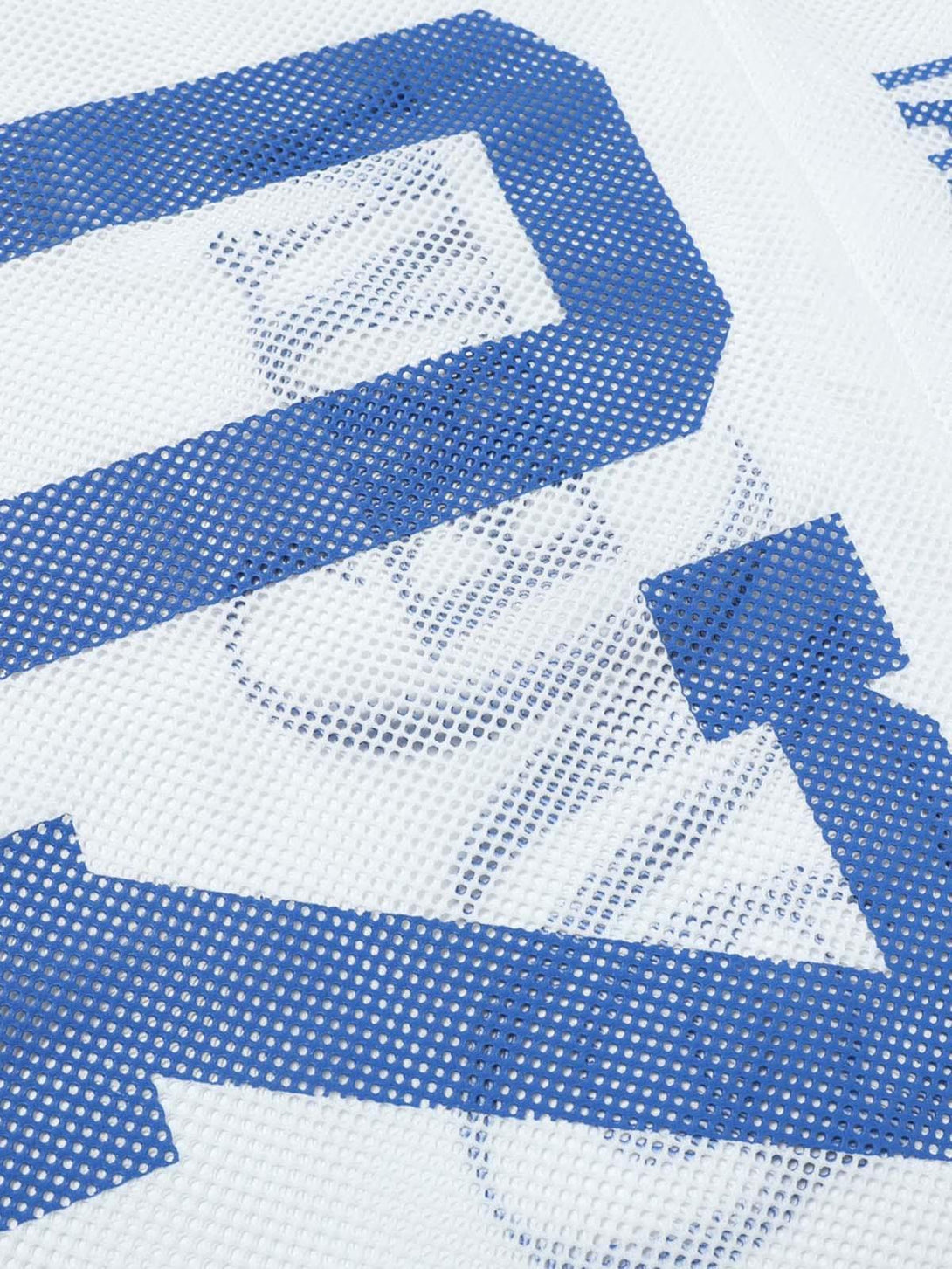 Detailed view of TALISHKO's white mesh fabric with bold blue graphic design, perfect for breezy days.