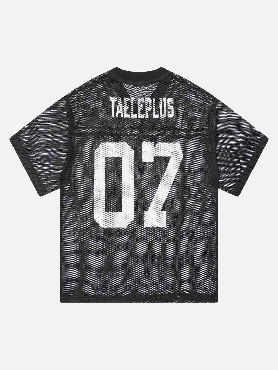 Back view of black mesh jersey with "TAELEPLUS 07" detail, a trendy piece by TALISHKO.