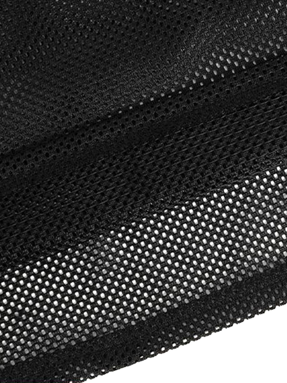 Detailed fabric and stitching of black mesh by TALISHKO, showcasing breathable design.