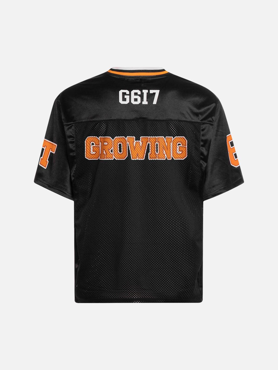 Back view of TALISHKO oversized black jersey T-shirt with bold orange lettering and details.
