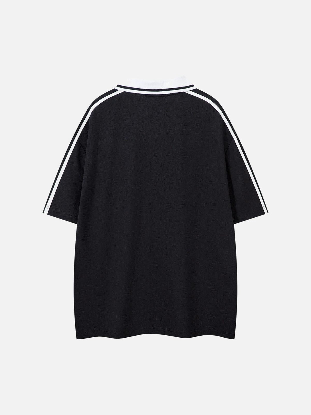 Back view of TALISHKO black short-sleeve polo shirt with white trim and collar detail.
