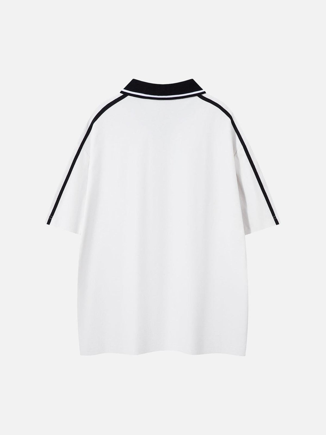 Back view of TALISHKO white short-sleeve polo shirt with contrasting black collar and trim.