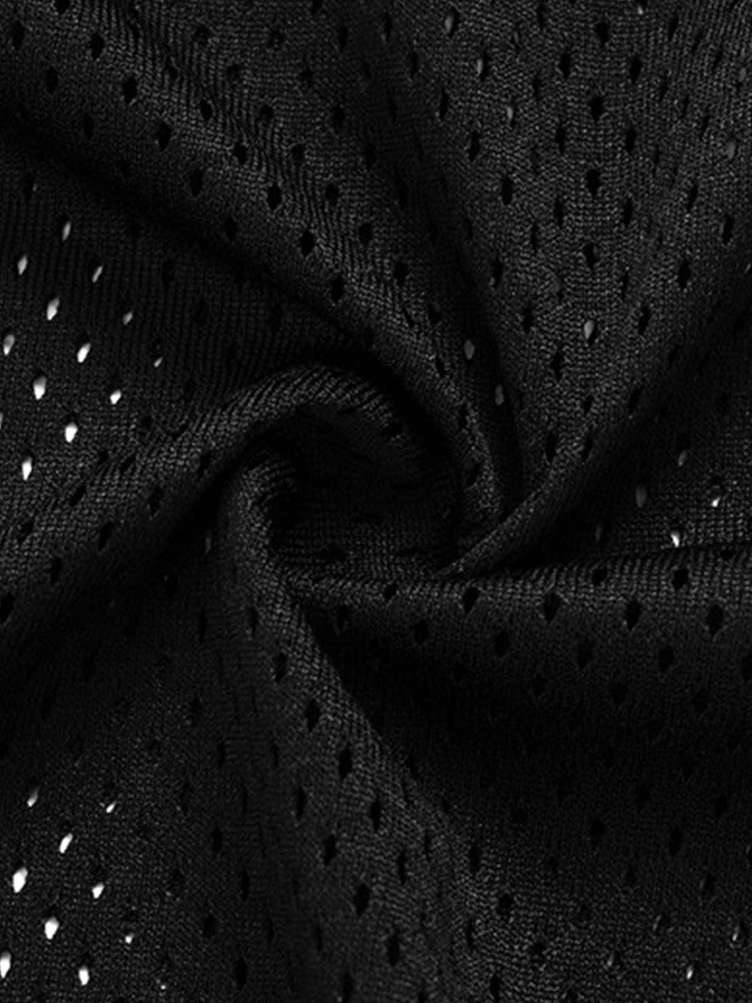 Intricate look at TALISHKO's black jersey fabric, showcasing breathable mesh texture.