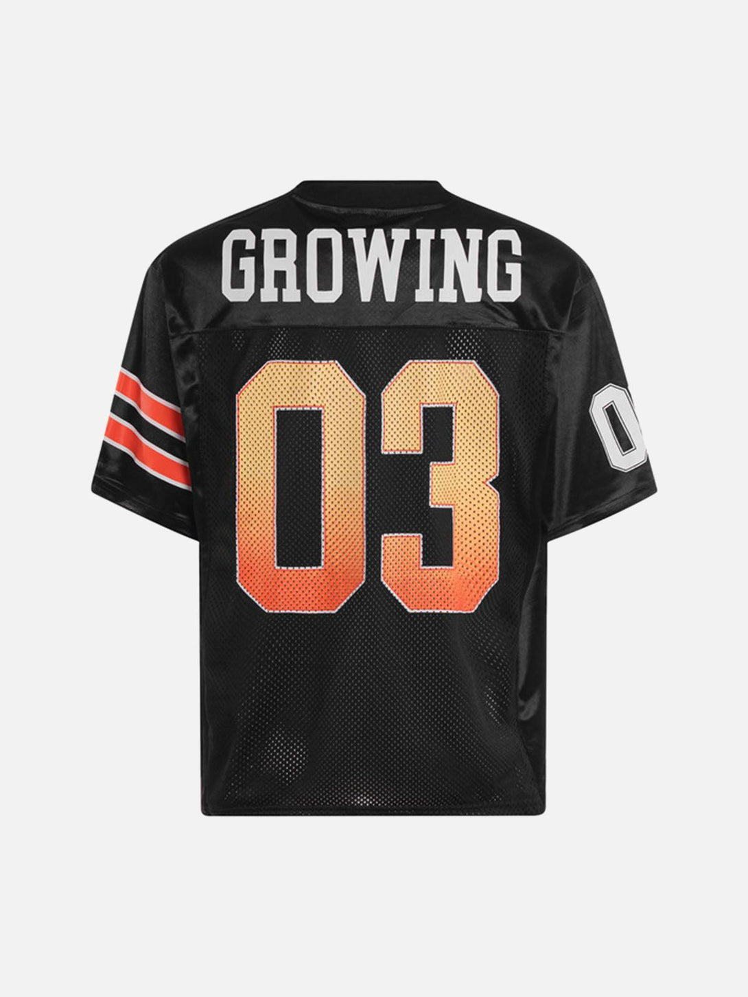 Back view of an oversized black jersey T-shirt with "GROWING 03" print, perfect for casual looks by TALISHKO.