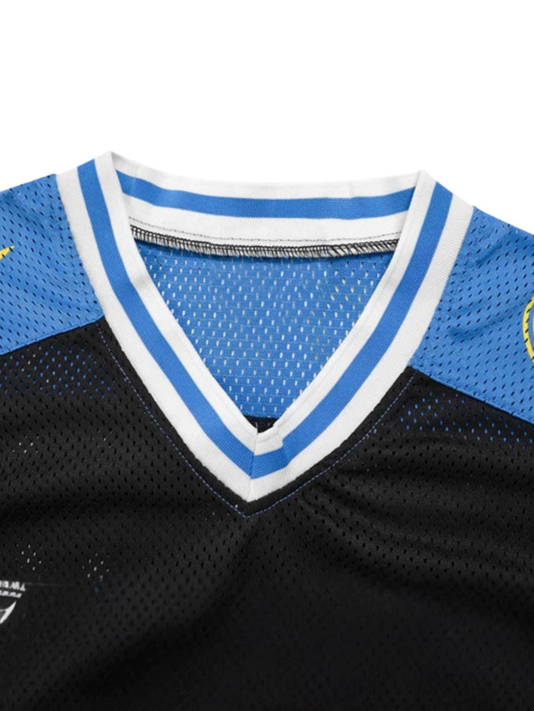 A detailed look at the V-neck collar of TALISHKO's quick-dry jersey, featuring blue accents.