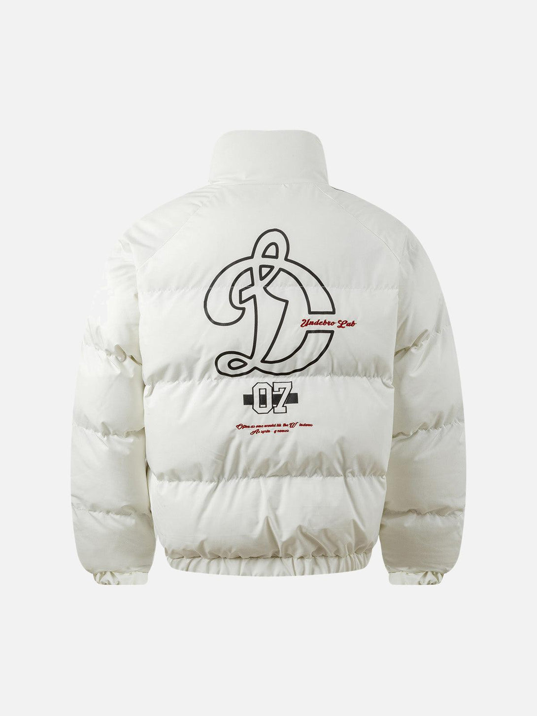 Back view of a white quilted puffer jacket with bold embroidery, designed by TALISHKO.