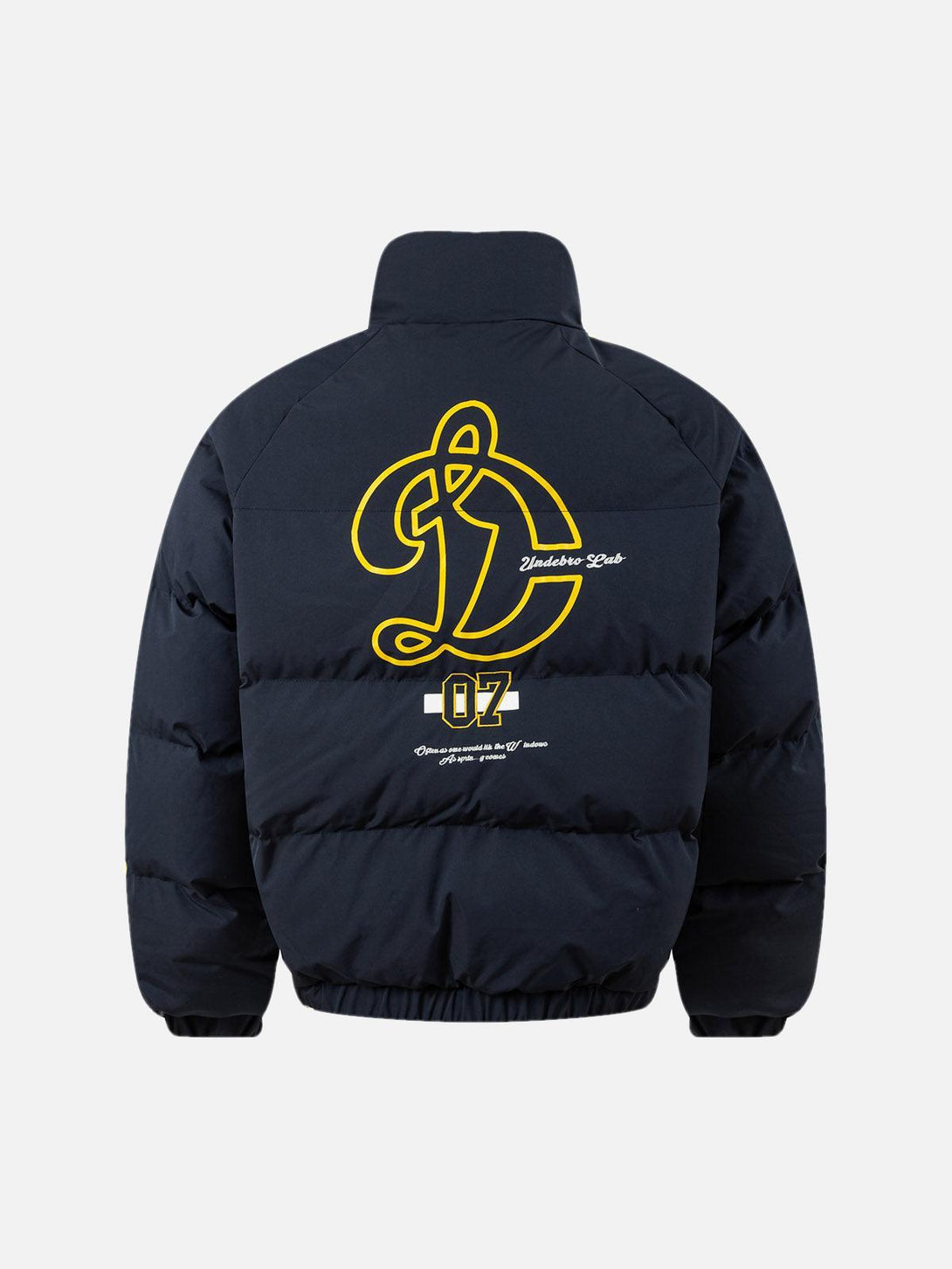 Back view of a quilted puffer jacket with bold embroidery by TALISHKO, showcasing unique style.