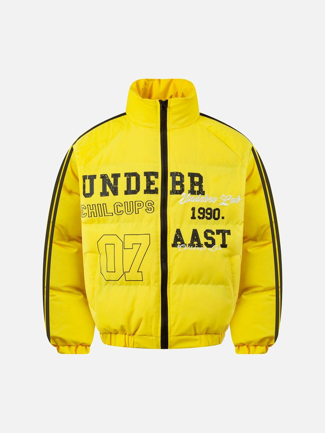 Front view of a yellow quilted puffer jacket with bold lettering, crafted by TALISHKO.