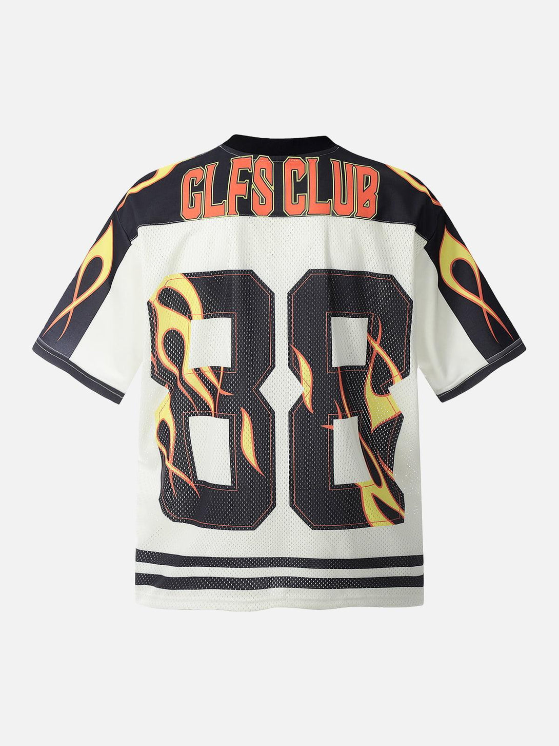 Back view of a flame print jersey-style T-shirt by TALISHKO, featuring bold graphics.