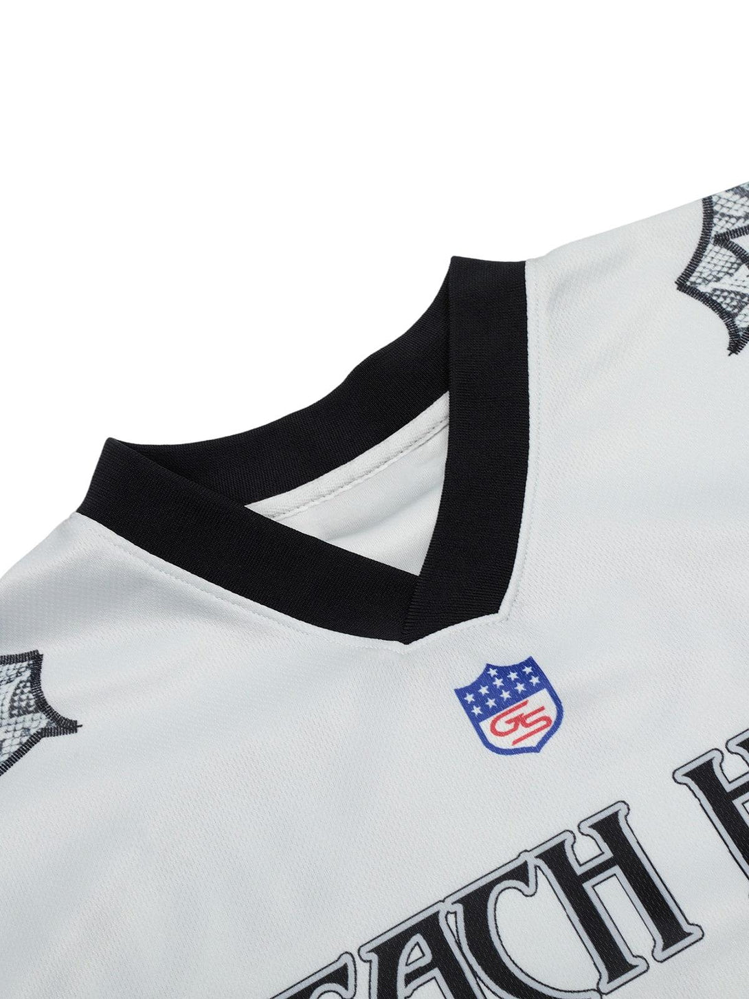 A detailed view of the TALISHKO jersey-style T-shirt's snake print design and "Reach High" text.