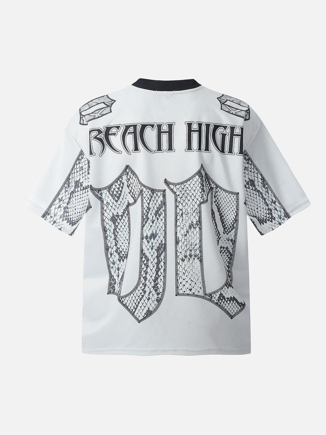 Back view of TALISHKO jersey-style T-shirt featuring a bold snake print and "Reach High" text.