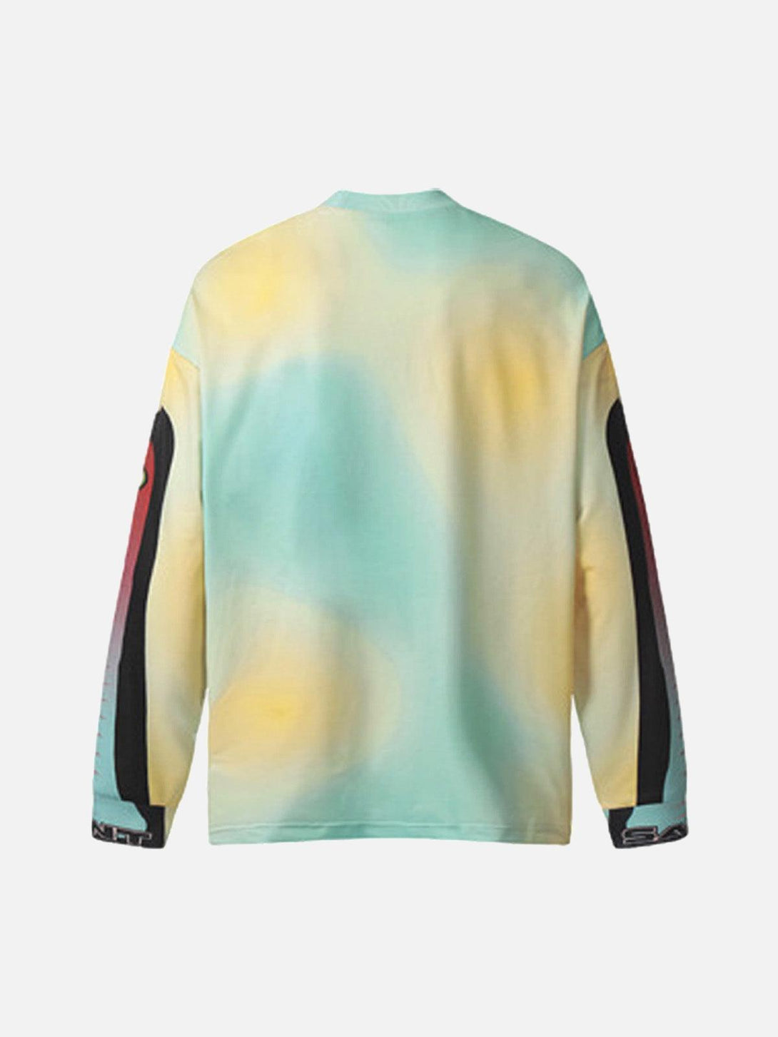 Back view of a TALISHKO tie-dye long-sleeve jersey, featuring soft pastel hues and bold sleeves.