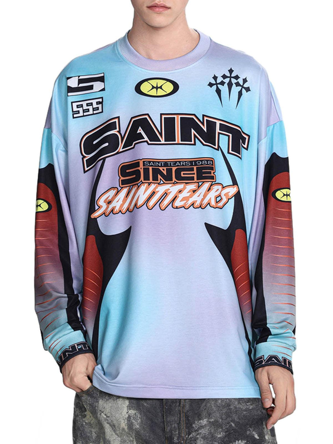 Front view of a vibrant tie-dye long-sleeve jersey by TALISHKO with striking graphic design.