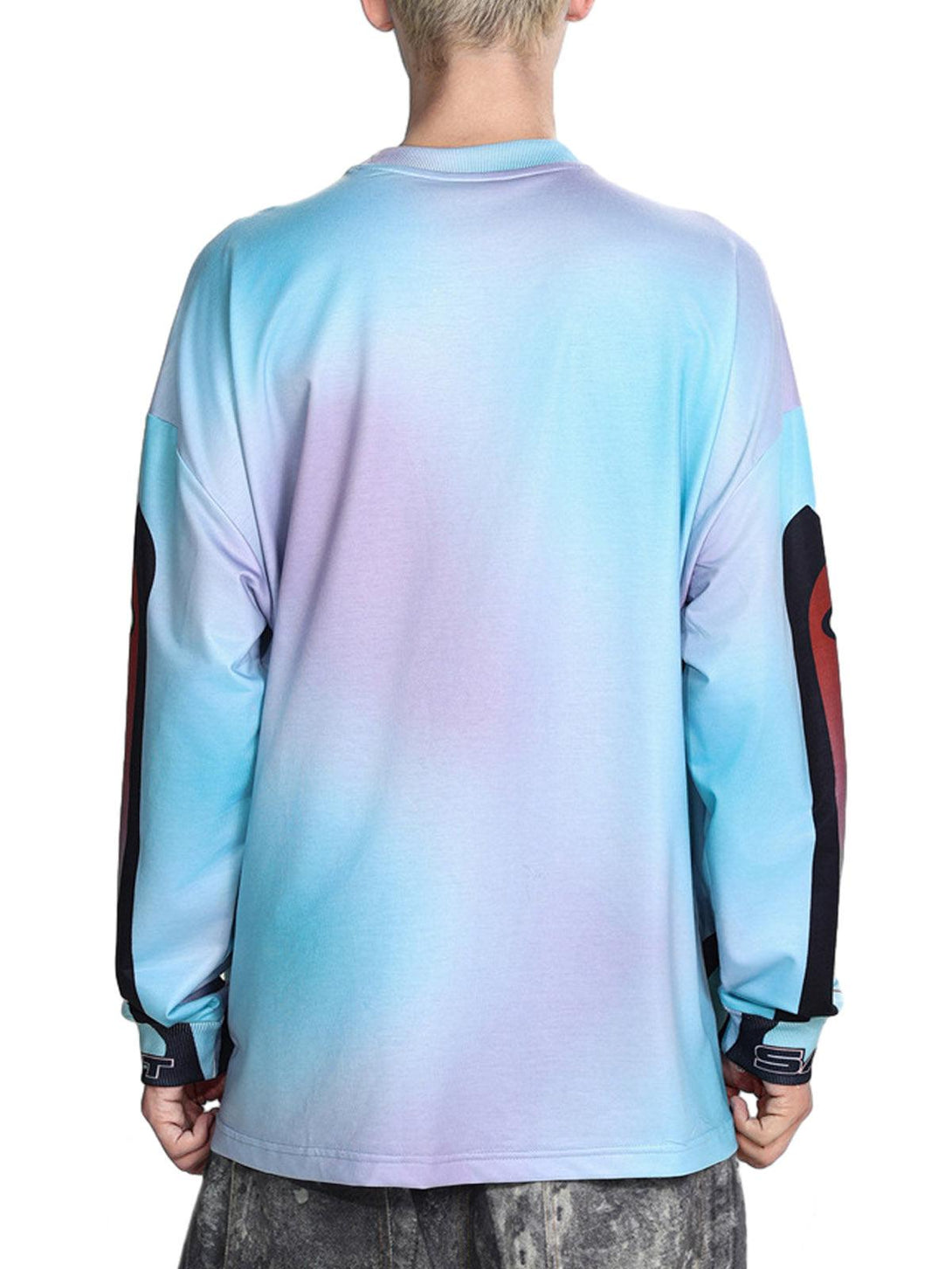 Back view of TALISHKO's tie-dye long-sleeve jersey T-shirt, featuring a gradient design.