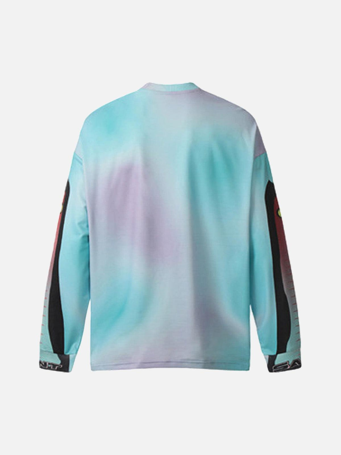 Back view of TALISHKO's jersey tie-dye long-sleeve T-shirt in pastel hues with bold sleeves.