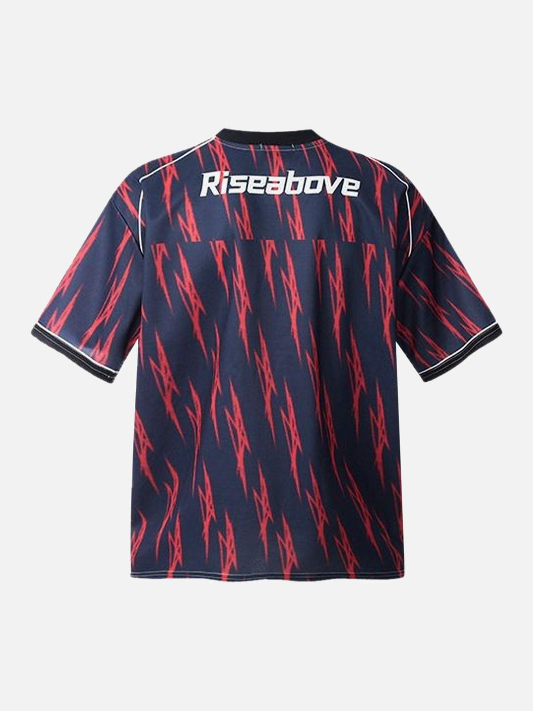 Back view of a navy jersey T-shirt with red lightning patterns by TALISHKO, ideal for casual wear.