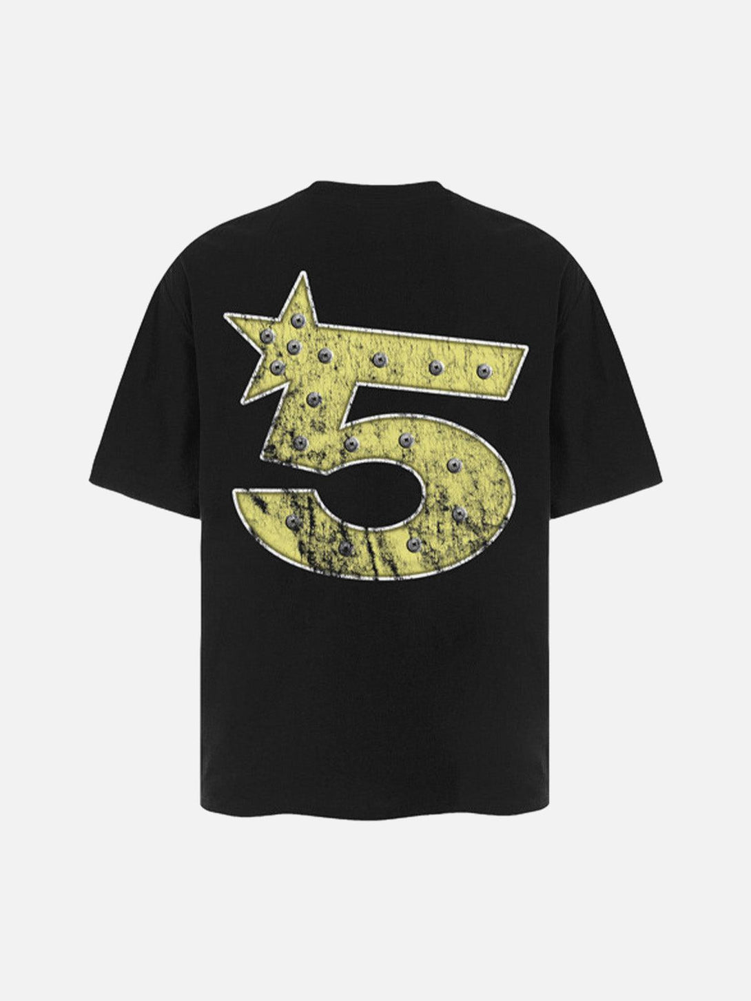 Back view of TALISHKO graphic T-shirt featuring bold yellow number five design with star detail.