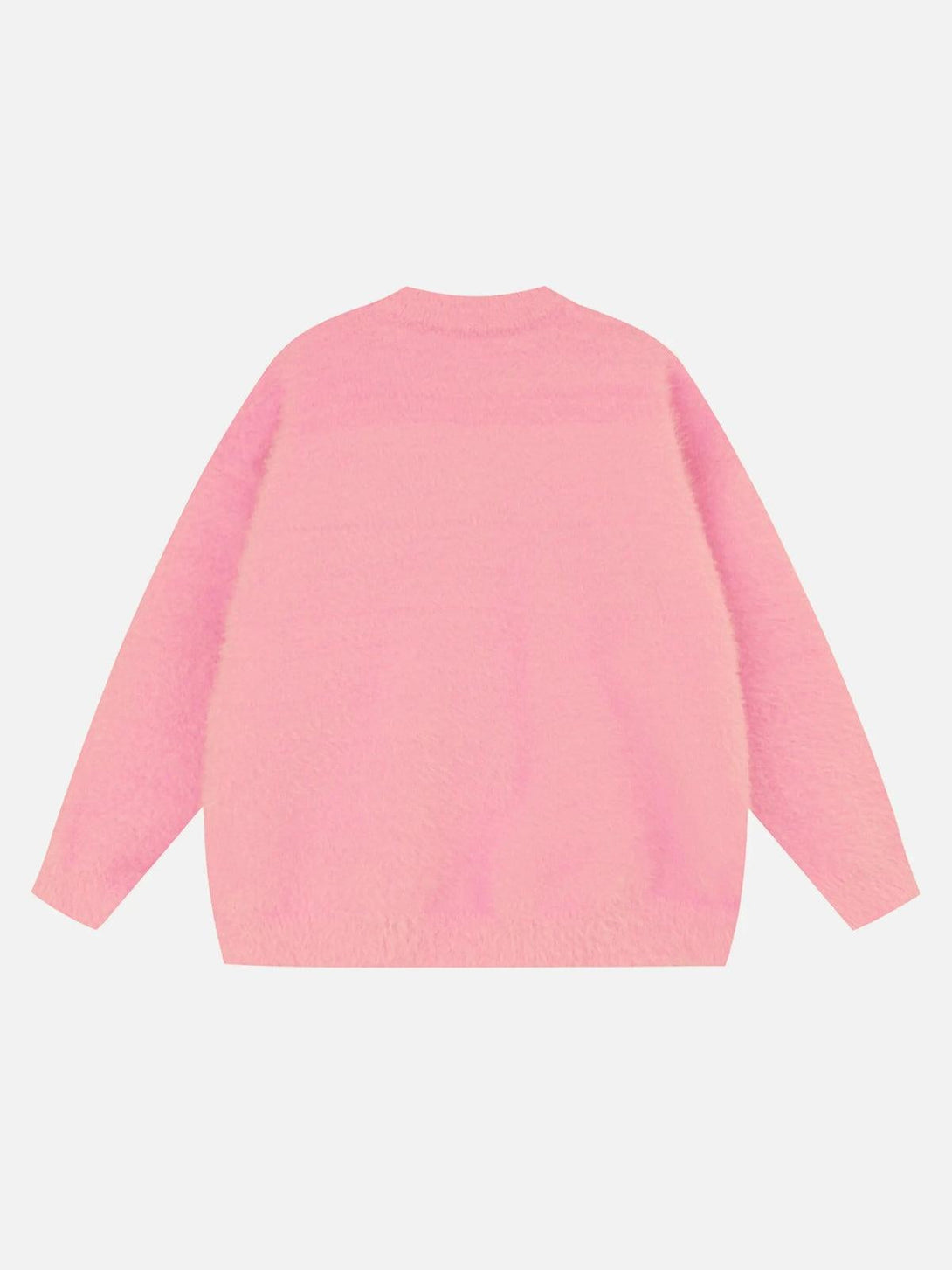 Back view of a soft pink mohair sweater by TALISHKO, offering a cozy and stylish look.