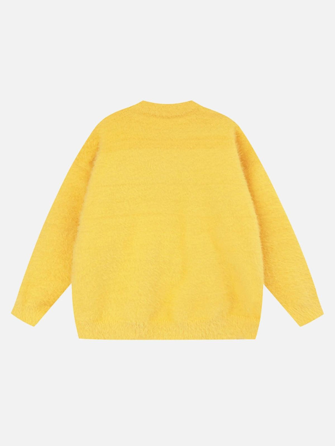 Back view of a vibrant yellow kitten jacquard mohair sweater by TALISHKO, offering cozy style.