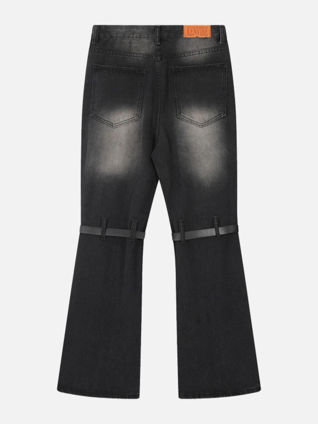 Back view of TALISHKO knee belt loose jeans, featuring a unique, bold design and streetwear vibe.