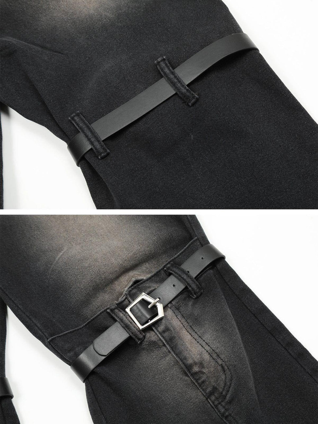 Intricate look at TALISHKO knee belt detail on loose jeans, highlighting unique design elements.