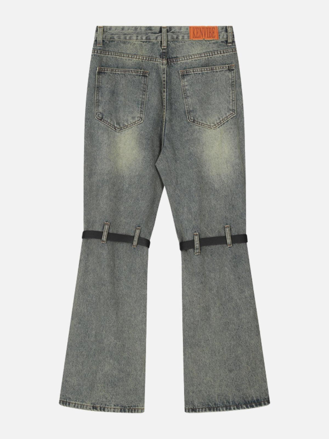 Back view of TALISHKO knee belt loose jeans with a distinctive and bold design detail.