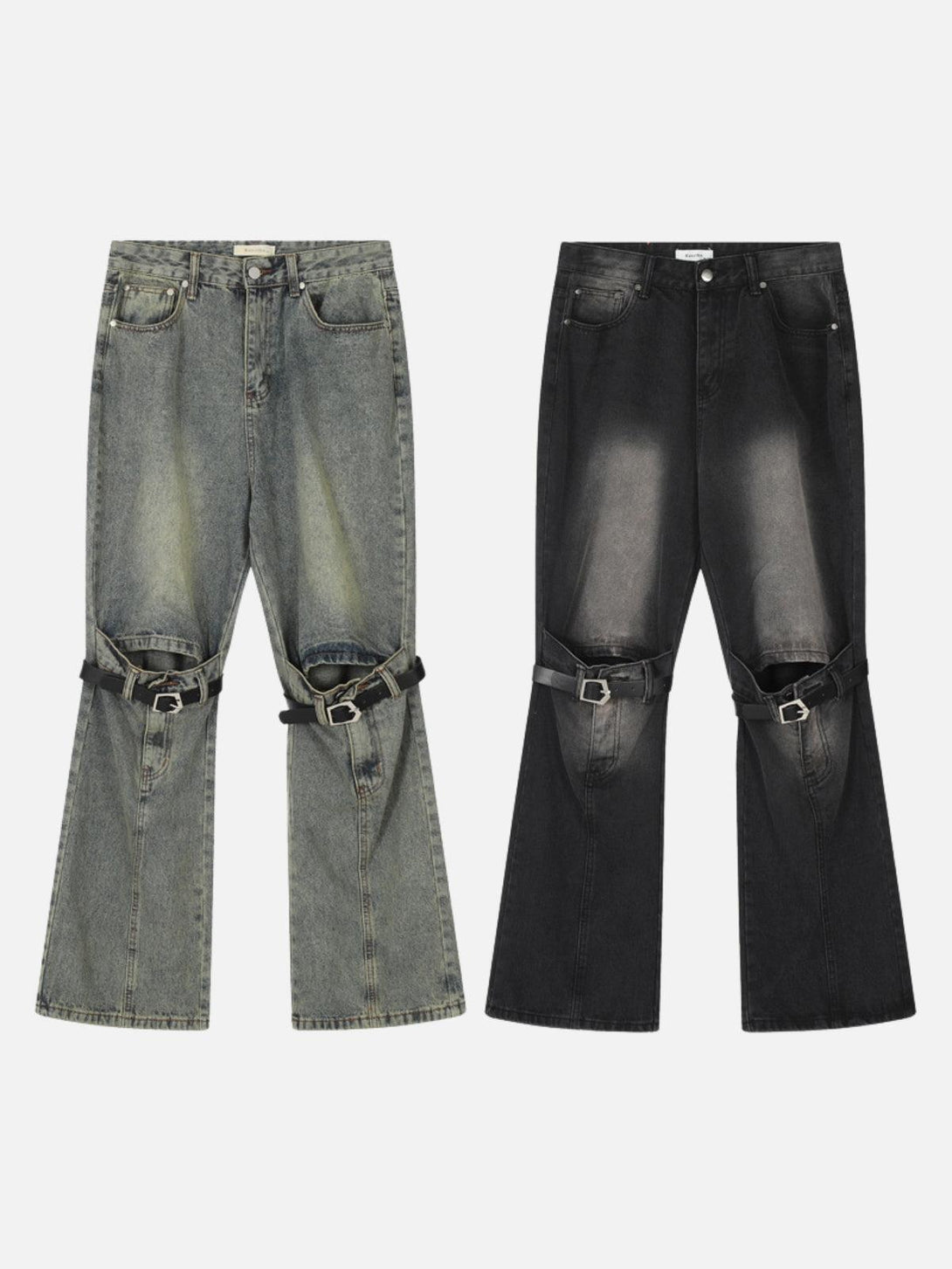 Front view of TALISHKO knee belt loose jeans in two shades, showcasing a bold, urban style.