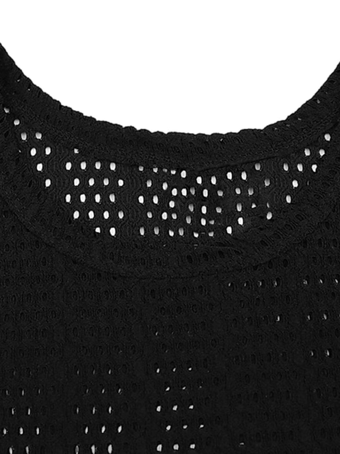 Intricate look at the black knitted hollow mesh texture by TALISHKO, ideal for summer layering.