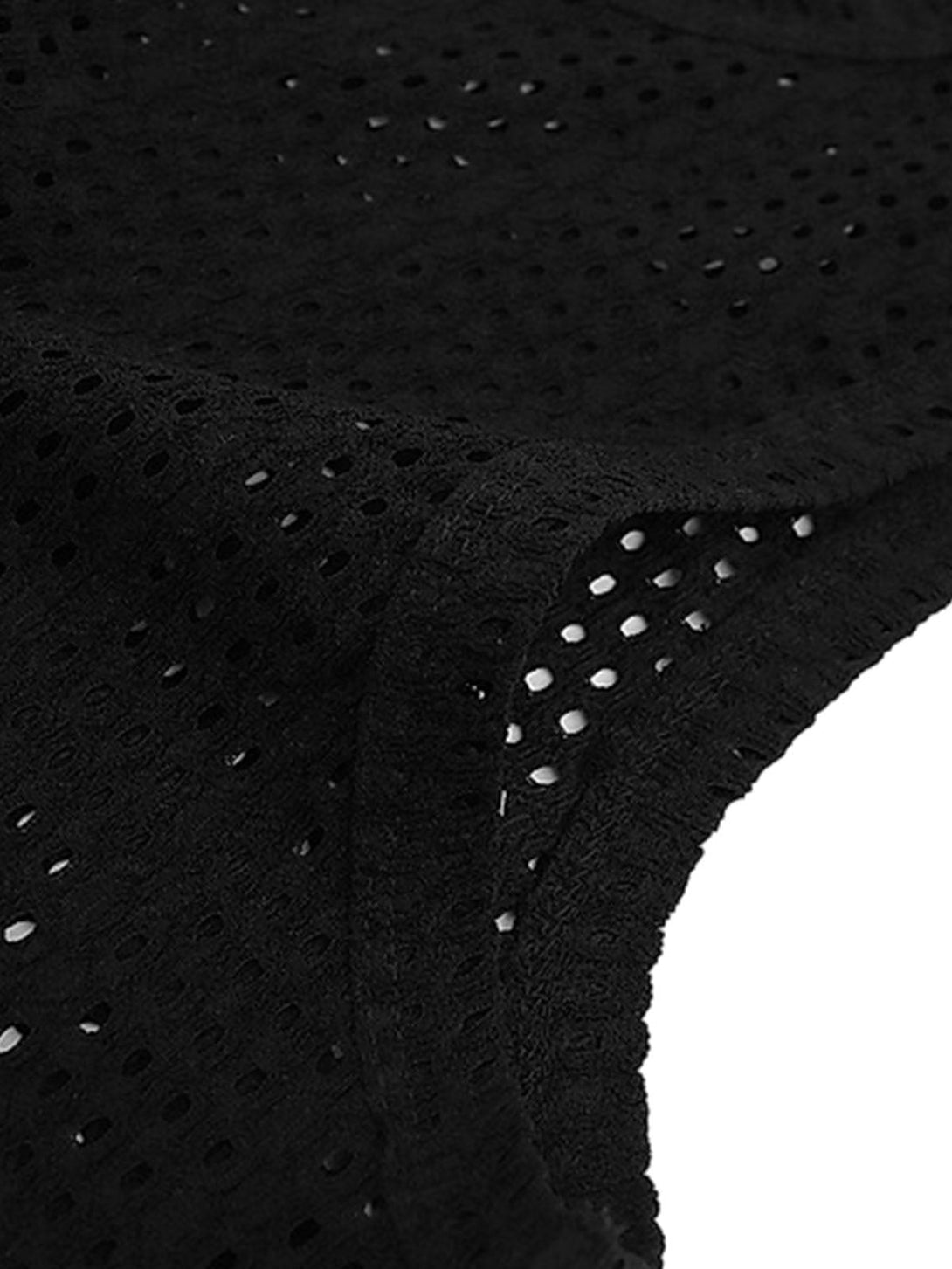 Detailed fabric and stitching of a black hollow mesh vest by TALISHKO, perfect for light layering.