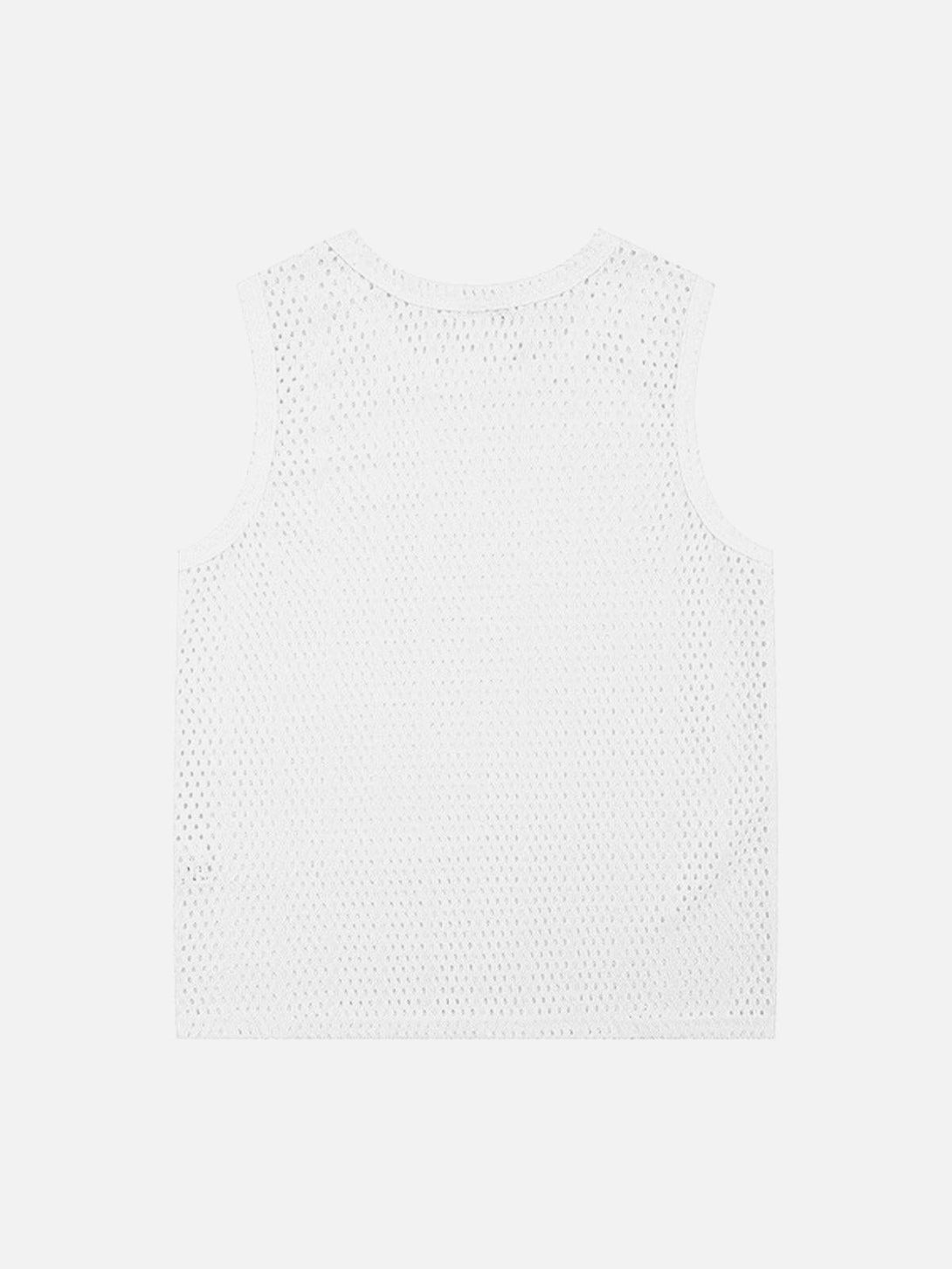 The back view of a white knitted hollow mesh vest by TALISHKO, ideal for airy layering.