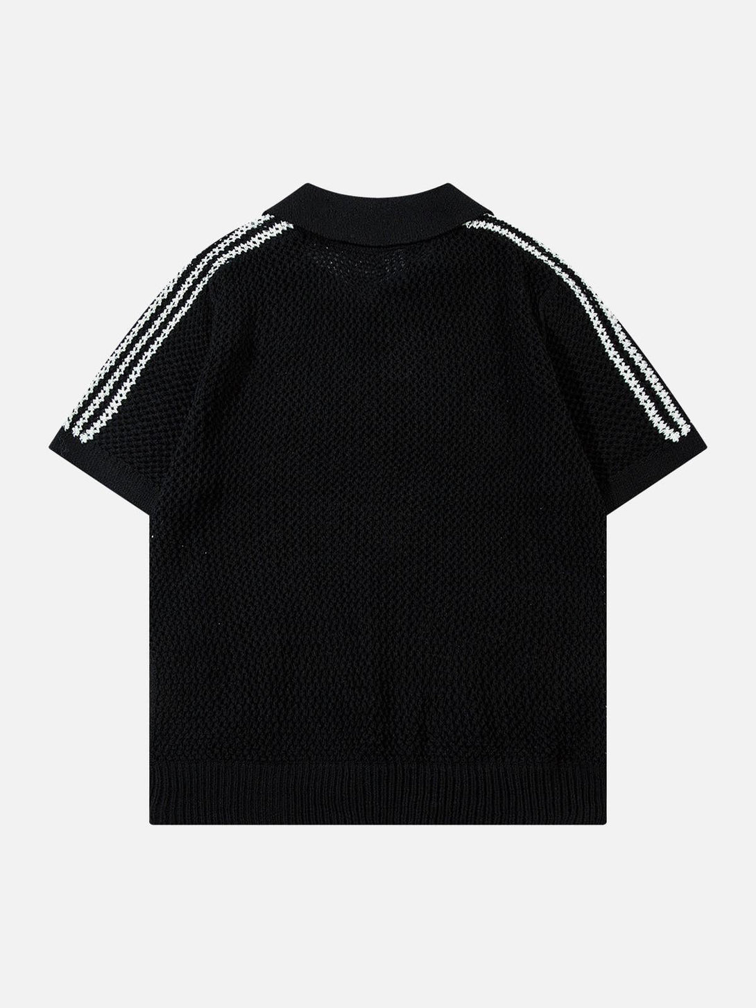 Back view of TALISHKO's black knitted polo sweater, featuring striped shoulder details.